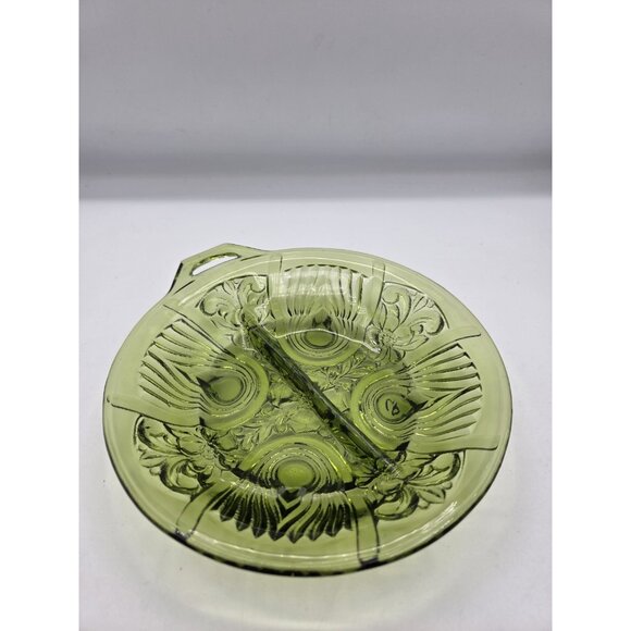 Vintage Indiana Glass Killarney Avocado Green 8" Divided Relish Dish Handle - Picture 2 of 10